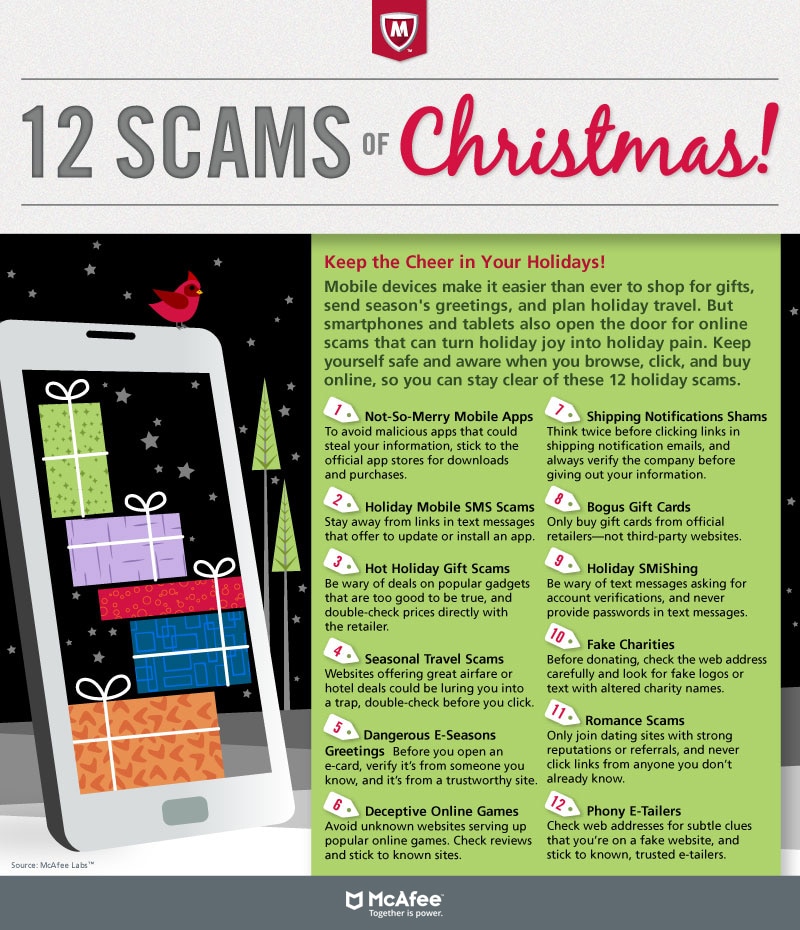 Colorful infographic explains 12 common online scams people encounter during the holidays